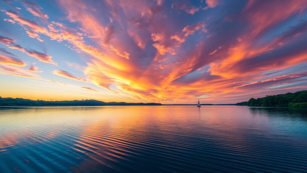 Tranquil Sunset Over Reflection Lake – free AI stock image