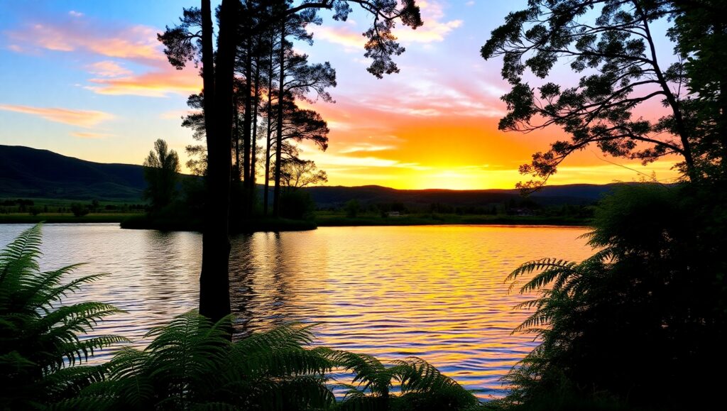 Tranquil Sunset Over Reflective Lake – free AI stock image