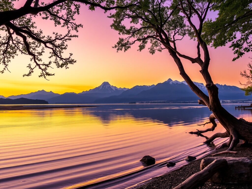 Tranquil Sunset Over Serene Lake – free AI stock image