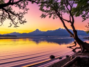 Tranquil Sunset Over Serene Lake – free AI stock image