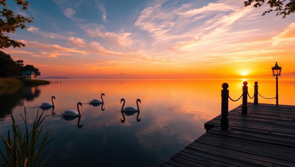 Tranquil Sunset Over Serene Lake – free AI stock image