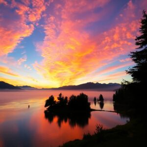 Tranquil Sunset Over Serene Lake – free AI stock image