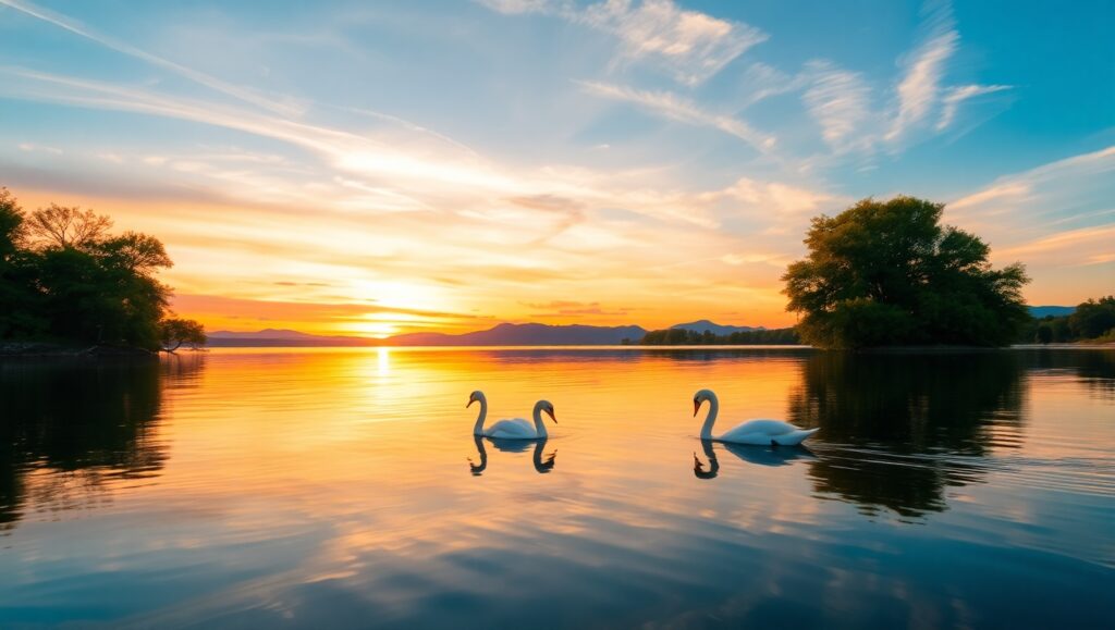 Tranquil Sunset Over Serene Lake – free AI stock image