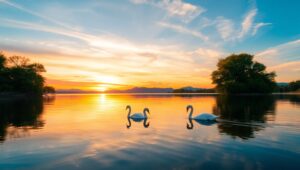 Tranquil Sunset Over Serene Lake – free AI stock image