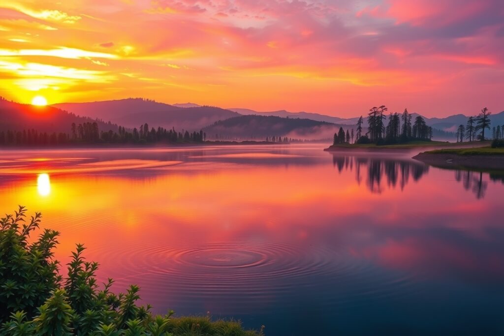 Tranquil Sunset Over Serene Lake Background – free AI stock image