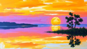 Tranquil Sunset Over Serene Lake – free AI stock image