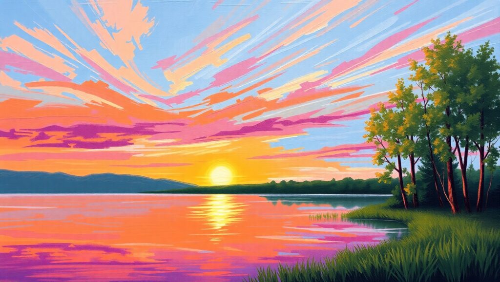 Tranquil Sunset Over Serene Waters – free AI stock image