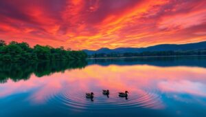 Tranquil Sunset Over the Lake – free AI stock image