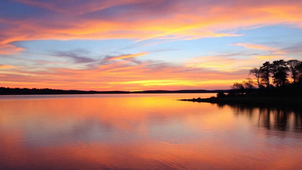 Tranquil Sunset Over the Lake – free AI stock image