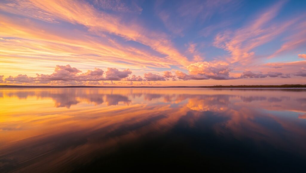 Tranquil Sunset Reflection – free AI stock image
