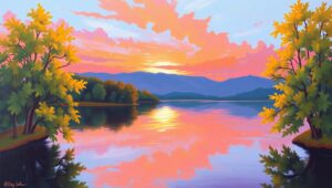 Tranquil Sunset Reflection – free AI stock image