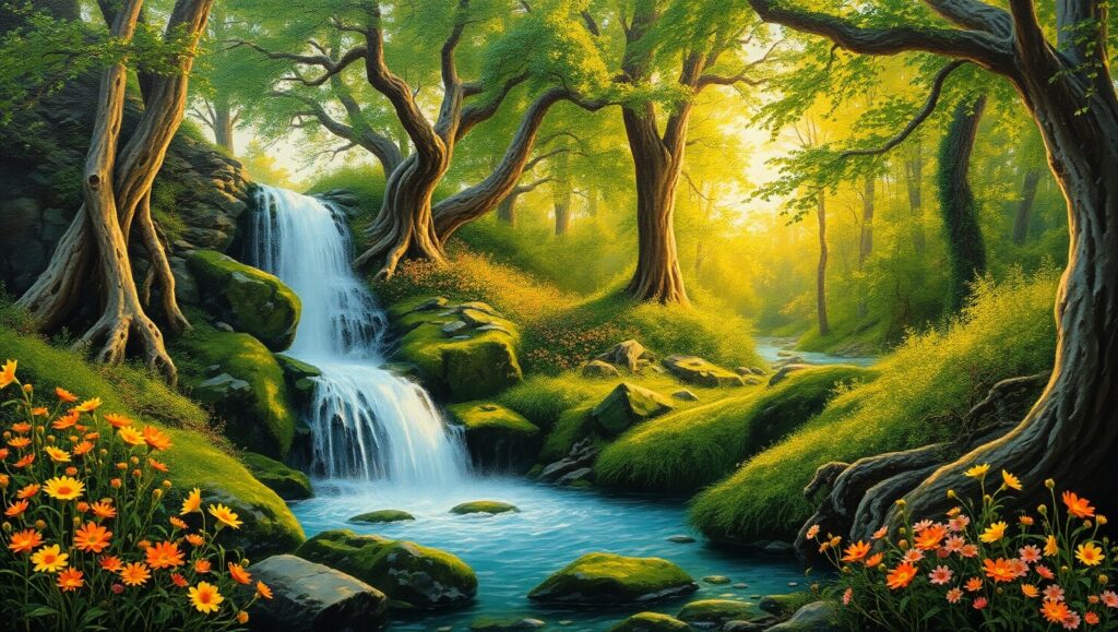 Tranquil Waterfall in Bloom – free AI stock image