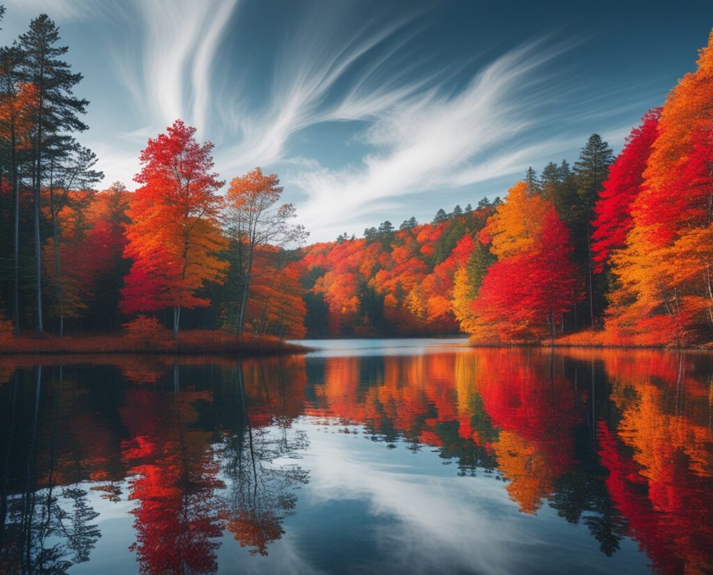 Tranquil Waters Reflecting Autumn Hues – free AI stock image