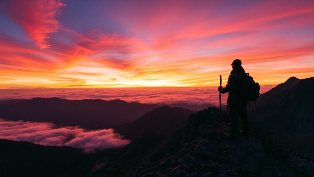 Traveler at Sunset Peak – free AI stock image