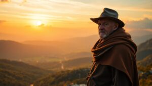 Traveler Beneath the Golden Sunset – free AI stock image