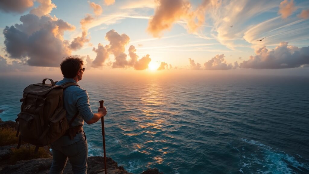 Traveler on the Cliff at Dusk – free AI stock image