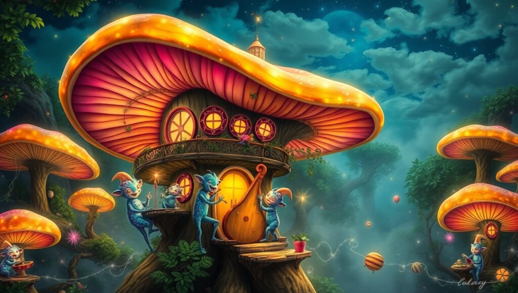 Treehouse in a Mushroom Wonderland – free AI stock image