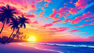 Tropical Beach Sunset Vector – free AI stock image