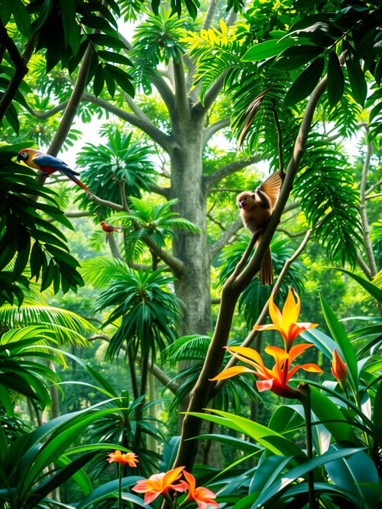 Tropical Jungle with Colorful Birds and Monkeys – free AI stock image