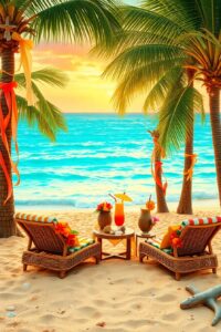 Tropical Paradise with Festive Decorations – free AI stock image