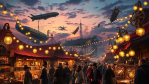 Twilight at the Steampunk Bazaar – free AI stock image
