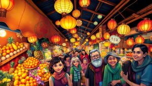 Twilight Bazaar Overhead View – free AI stock image
