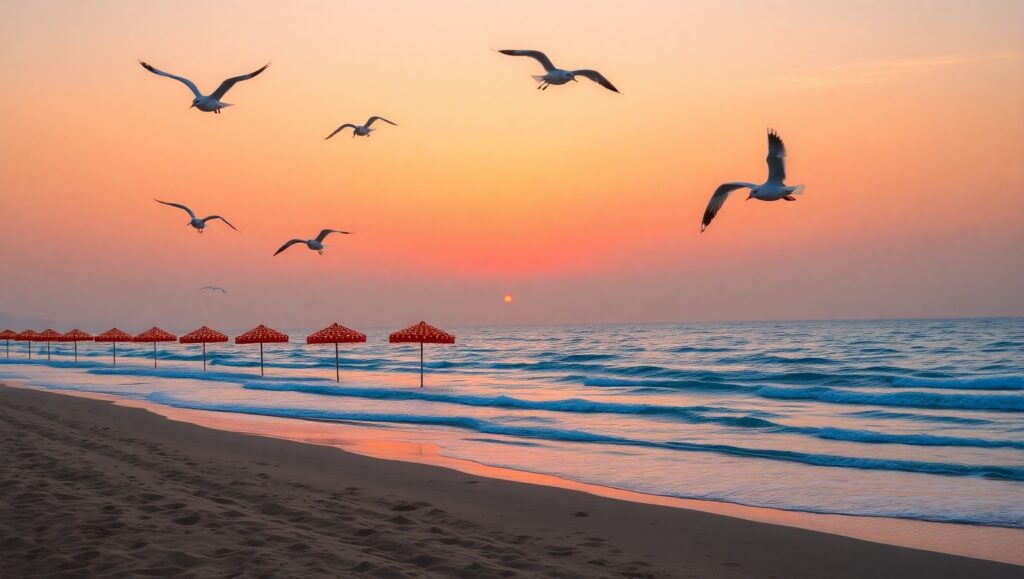 Twilight Beach in Pointillism Style – free AI stock image