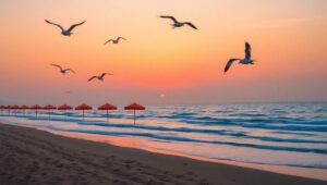Twilight Beach in Pointillism Style – free AI stock image