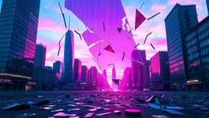 Twilight City Glitchscape – free AI stock image