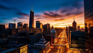 Twilight City Skyline in Duotone – free AI stock image