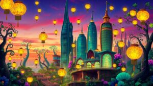 Twilight City with Floating Lanterns – free AI stock image