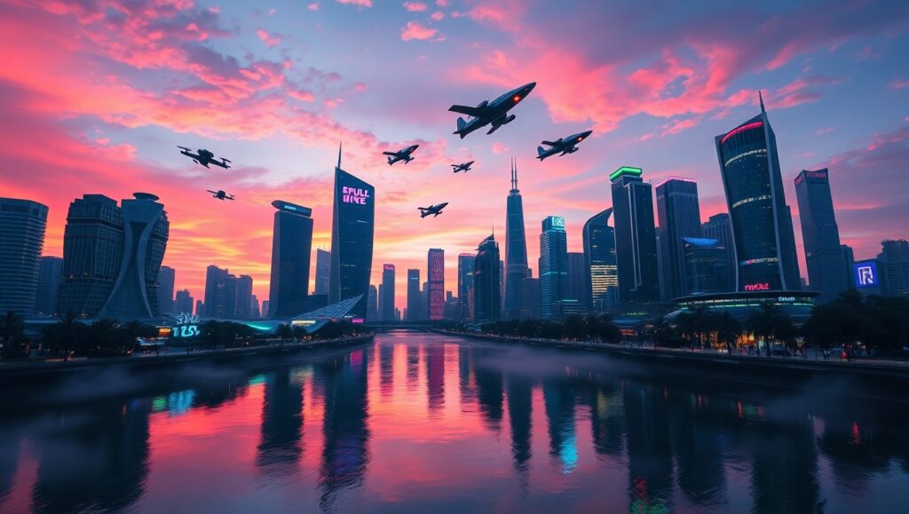 Twilight Cityscape from Below – free AI stock image