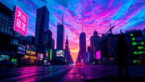 Twilight Cityscape in Glitch Style – free AI stock image