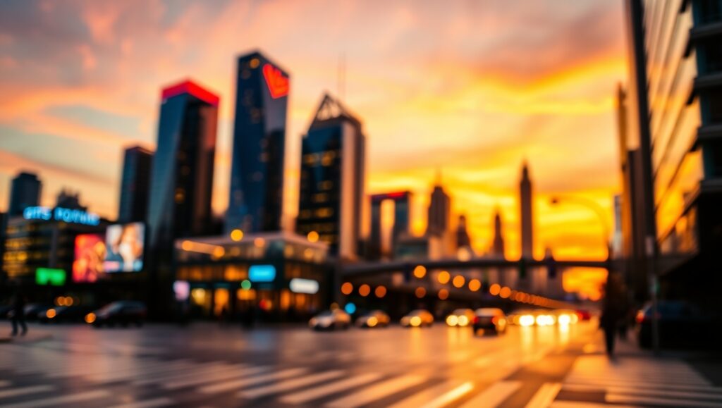 Twilight Cityscape with Bokeh Bliss – free AI stock image