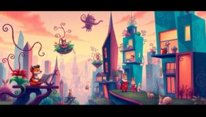 Twilight Cityscape with Floating Gardens – free AI stock image