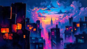 Twilight Cubist Cityscape – free AI stock image