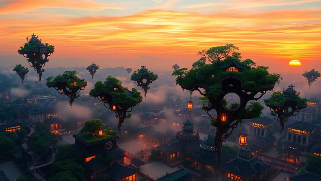 Twilight Floating Cityscape – free AI stock image