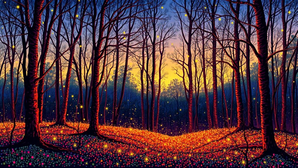 Twilight Forest in Pointillism – free AI stock image