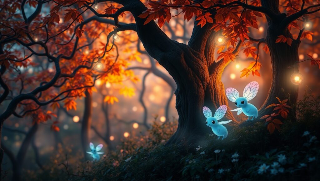 Twilight Forest of Glowing Orbs – free AI stock image