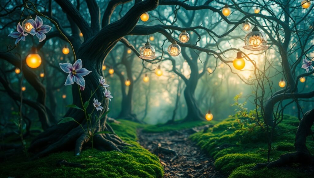 Twilight Forest with Glowing Orbs – free AI stock image