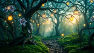 Twilight Forest with Glowing Orbs – free AI stock image