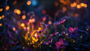 Twilight Garden with Bokeh Lights – free AI stock image