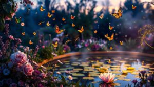 Twilight Garden with Bokeh Lights – free AI stock image