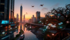 Twilight Harmony: Nature and Tech – free AI stock image