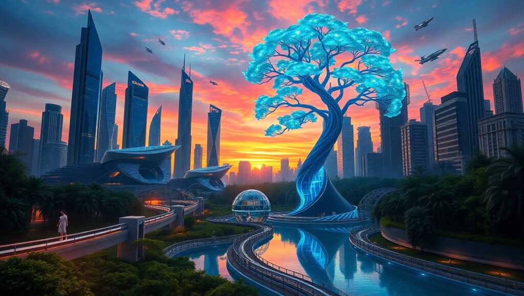 Twilight in a Futuristic City – free AI stock image