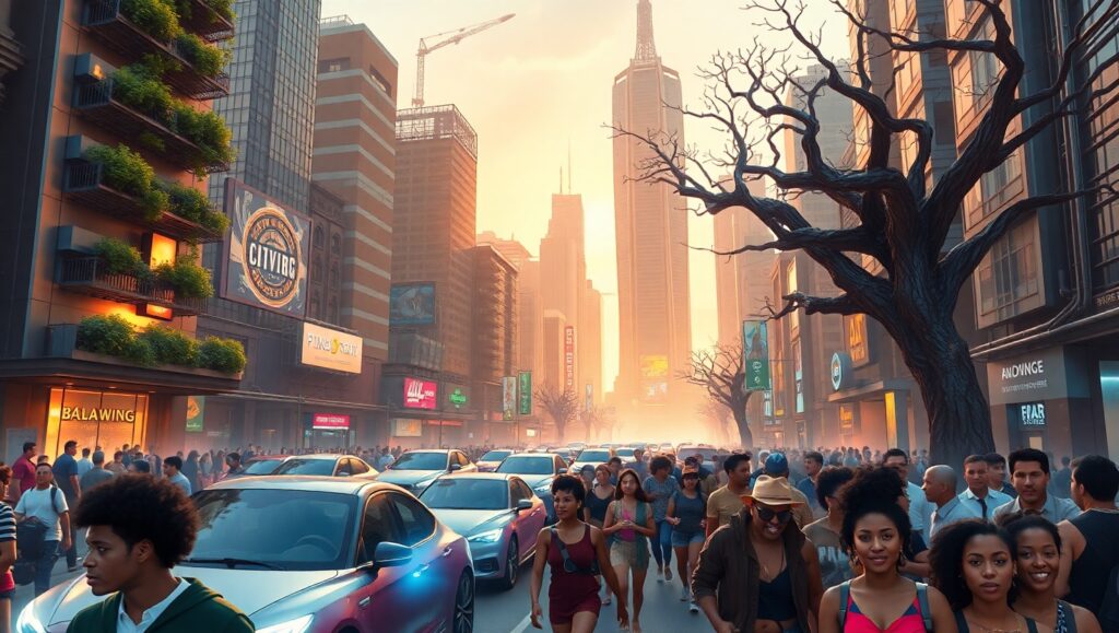 Twilight in a Futuristic City – free AI stock image