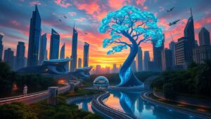 Twilight in a Futuristic City – free AI stock image