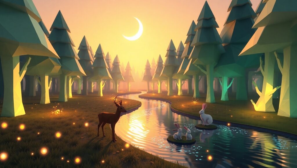 Twilight in a Low-Poly Forest – free AI stock image