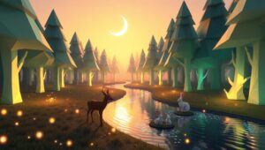 Twilight in a Low-Poly Forest – free AI stock image
