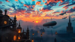 Twilight in a Steampunk City – free AI stock image